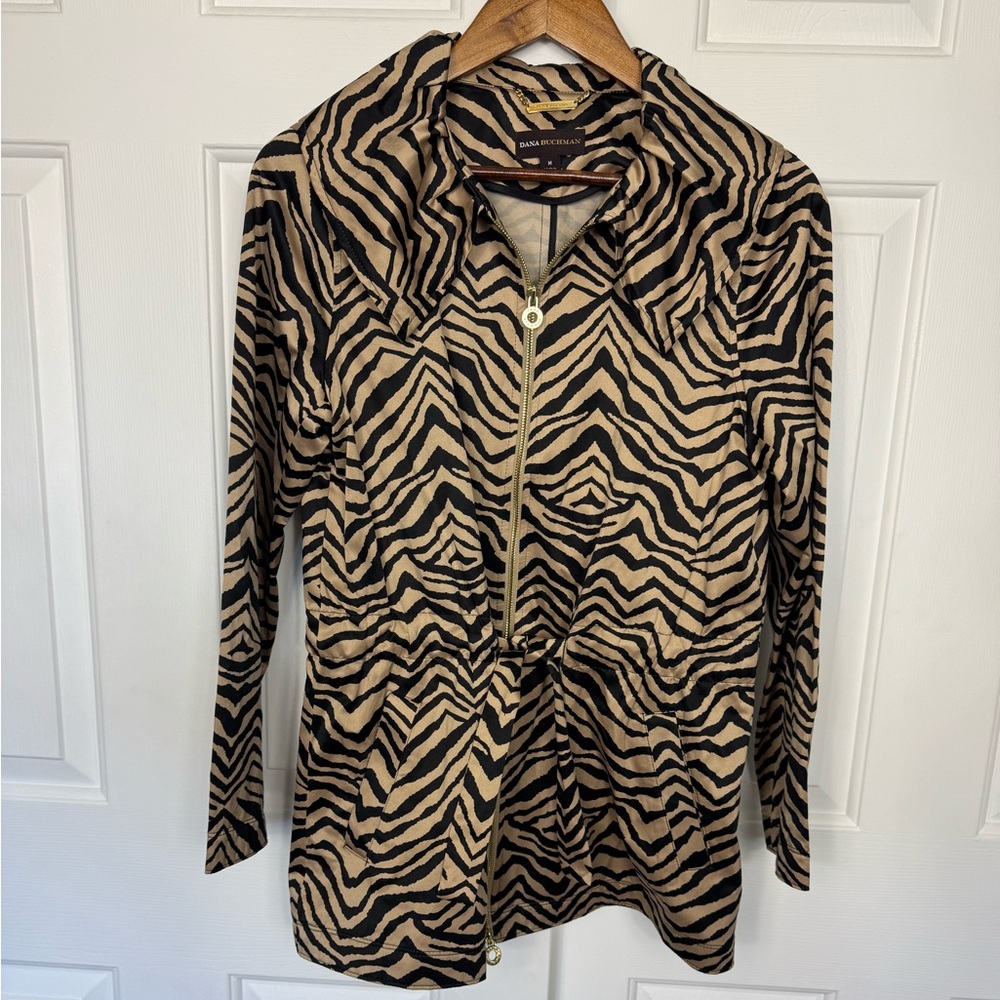 Dana Buchman Animal Zebra Print Trench Coat Jacket Black &‎ Tan Belted Size Med